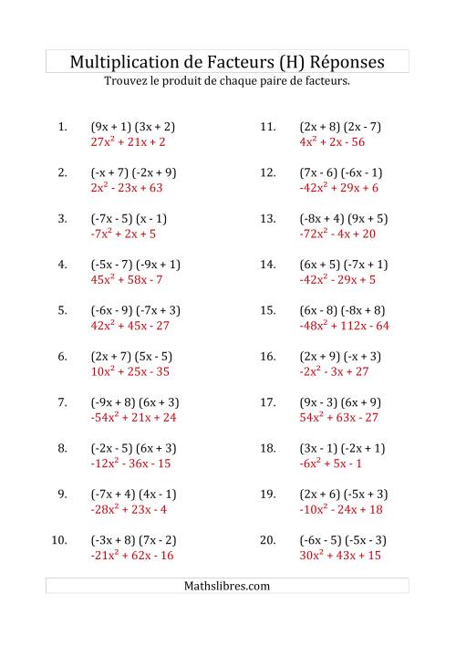 Multiplication des Facteurs Quadratiques avec des Coefficients «a» variant de -9 à 9 (H) page 2