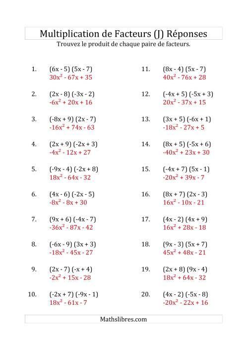 Multiplication des Facteurs Quadratiques avec des Coefficients «a» variant de -9 à 9 (J) page 2
