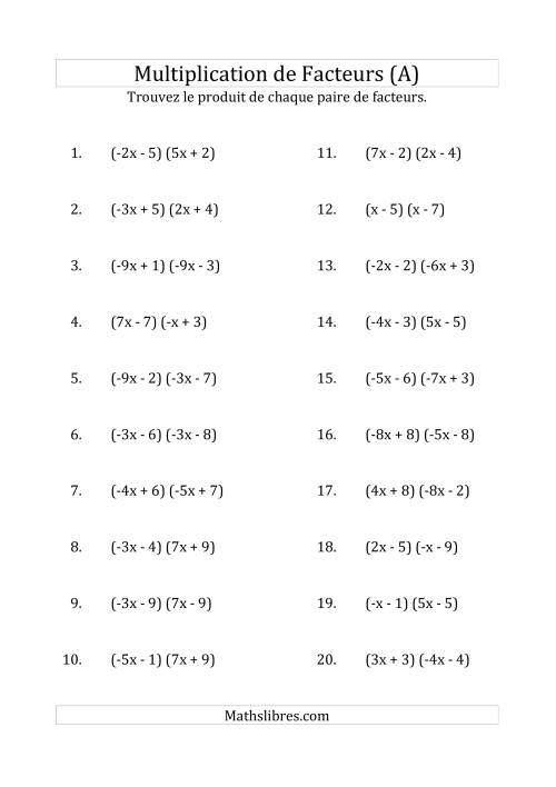 Multiplication des Facteurs Quadratiques avec des Coefficients «a» variant de -9 à 9 (Tout)