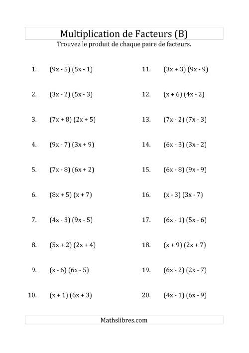 Multiplication des Facteurs Quadratiques avec des Coefficients «a» variant jusqu'à 9 (B)