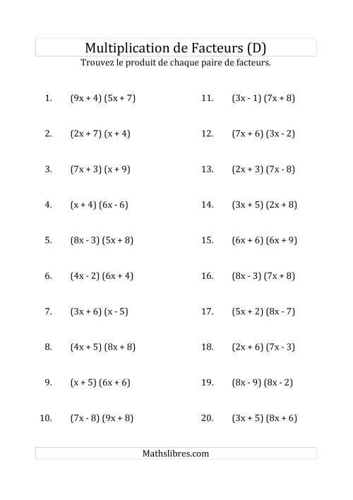 Multiplication des Facteurs Quadratiques avec des Coefficients «a» variant jusqu'à 9 (D)