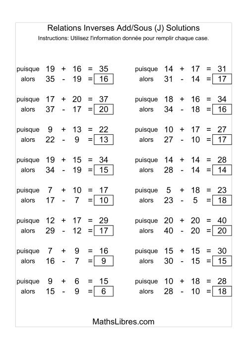 Relations Inverses -- Addition et Soustraction -- Variation 5 à 20 (J) page 2