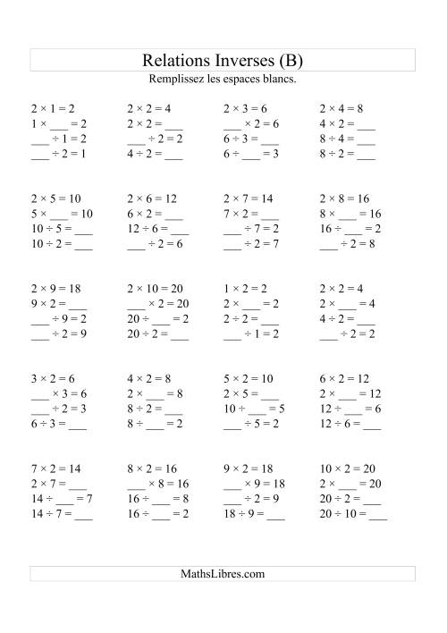 Relations Inverses -- Multiplication et Division -- Un Chiffre Vedette par Page (Jusqu'à 10) -- 2 (B)