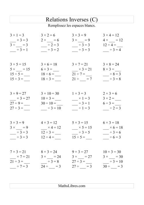 Relations Inverses -- Multiplication et Division -- Un Chiffre Vedette par Page (Jusqu'à 10) -- 3 (C)