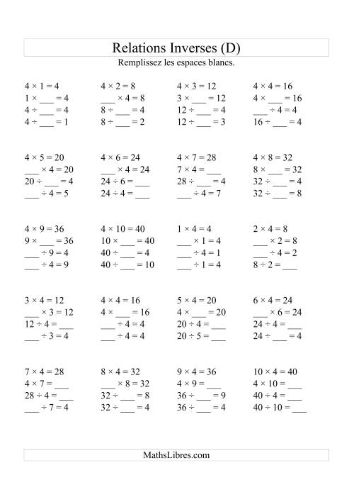 Relations Inverses -- Multiplication et Division -- Un Chiffre Vedette par Page (Jusqu'à 10) -- 4 (D)