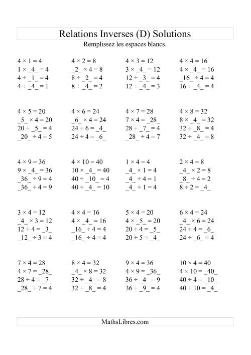 Relations Inverses -- Multiplication et Division -- Un Chiffre Vedette par Page (Jusqu'à 10) -- 4 (D) page 2