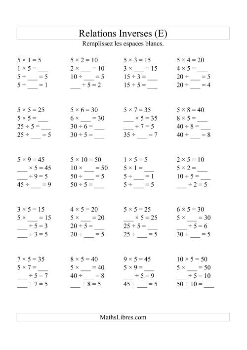 Relations Inverses -- Multiplication et Division -- Un Chiffre Vedette par Page (Jusqu'à 10) -- 5 (E)