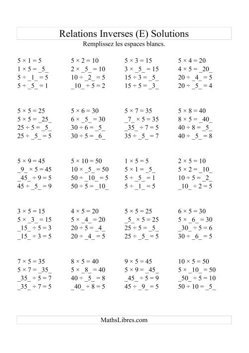 Relations Inverses -- Multiplication et Division -- Un Chiffre Vedette par Page (Jusqu'à 10) -- 5 (E) page 2