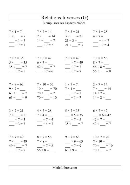 Relations Inverses -- Multiplication et Division -- Un Chiffre Vedette par Page (Jusqu'à 10) -- 7 (G)