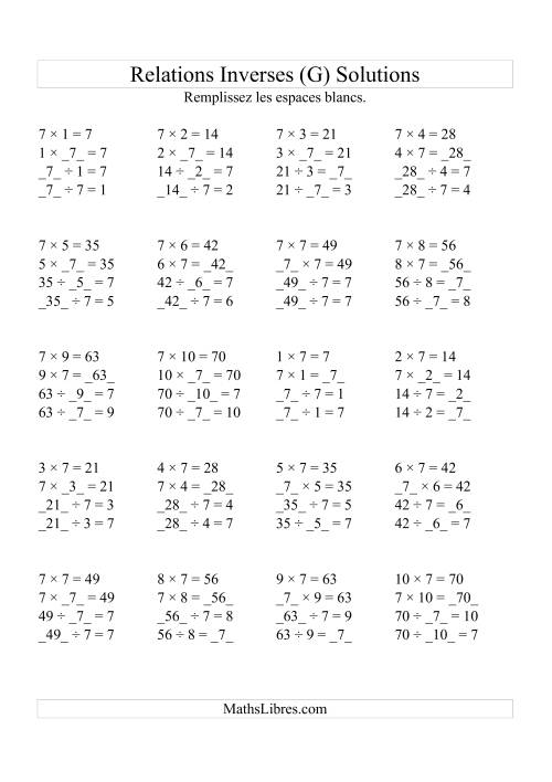 Relations Inverses -- Multiplication et Division -- Un Chiffre Vedette par Page (Jusqu'à 10) -- 7 (G) page 2
