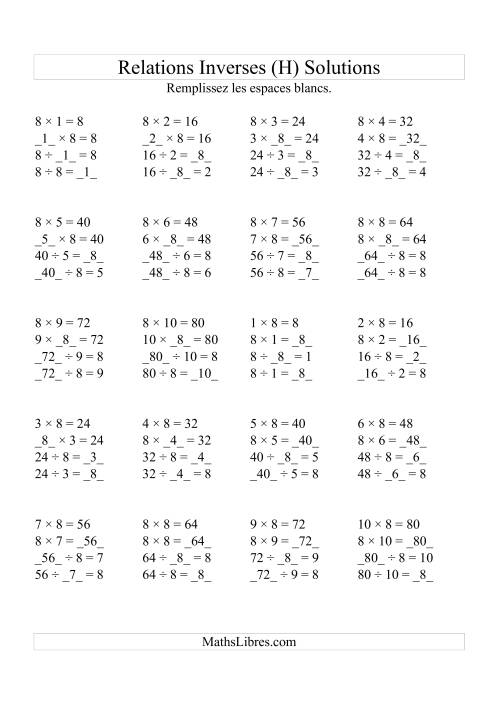 Relations Inverses -- Multiplication et Division -- Un Chiffre Vedette par Page (Jusqu'à 10) -- 8 (H) page 2