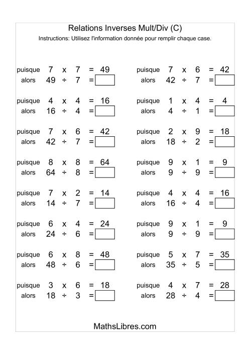 Relations Inverses -- Multiplication et Division -- Variation 1 à 9 (C)