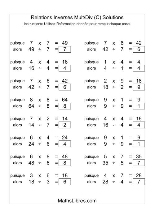 Relations Inverses -- Multiplication et Division -- Variation 1 à 9 (C) page 2