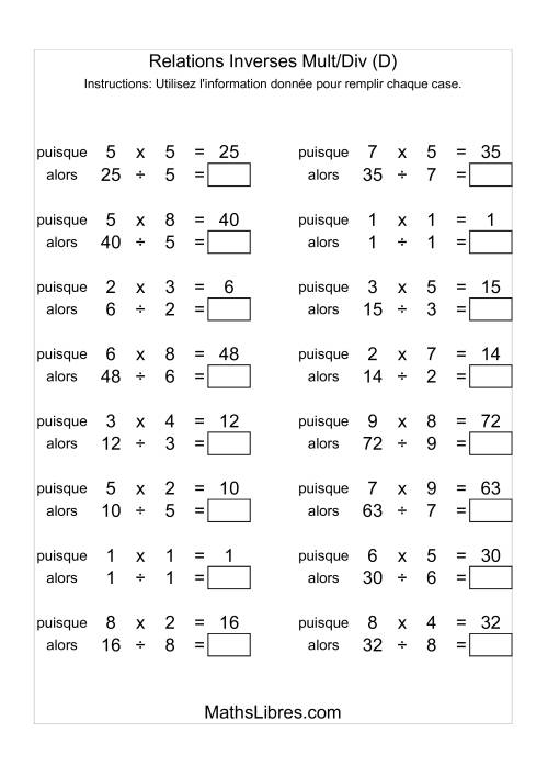 Relations Inverses -- Multiplication et Division -- Variation 1 à 9 (D)