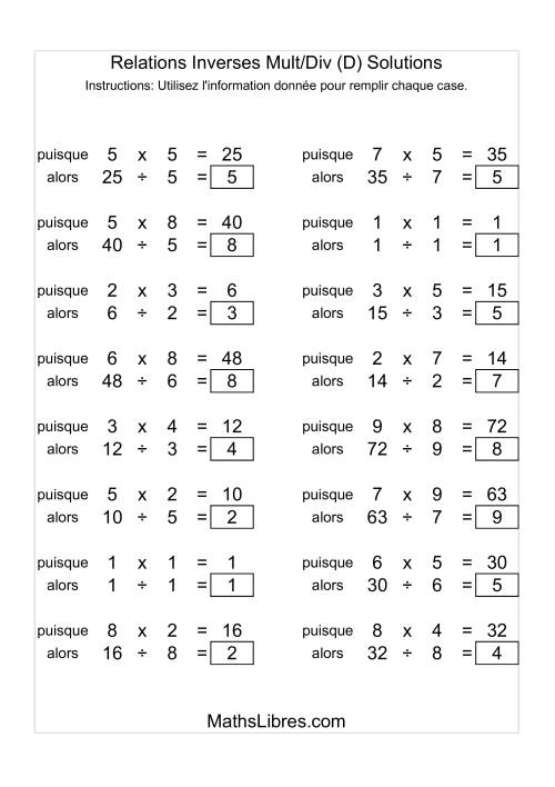 Relations Inverses -- Multiplication et Division -- Variation 1 à 9 (D) page 2
