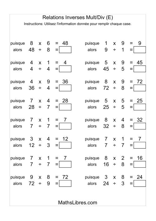 Relations Inverses -- Multiplication et Division -- Variation 1 à 9 (E)