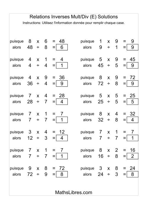 Relations Inverses -- Multiplication et Division -- Variation 1 à 9 (E) page 2