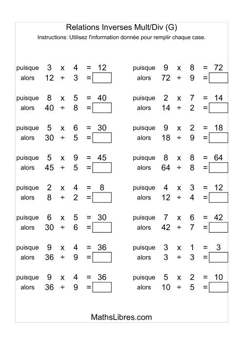 Relations Inverses -- Multiplication et Division -- Variation 1 à 9 (G)