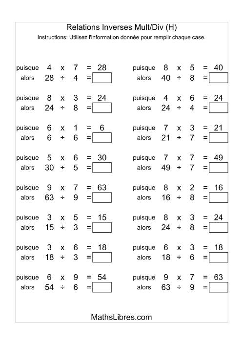 Relations Inverses -- Multiplication et Division -- Variation 1 à 9 (H)