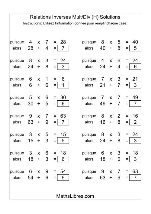 Relations Inverses -- Multiplication et Division -- Variation 1 à 9 (H) page 2