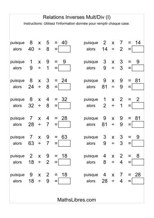 Relations Inverses -- Multiplication et Division -- Variation 1 à 9 (I)