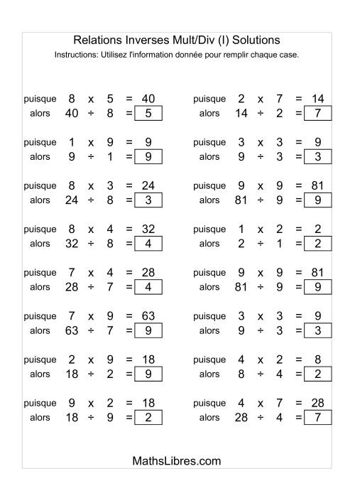 Relations Inverses -- Multiplication et Division -- Variation 1 à 9 (I) page 2