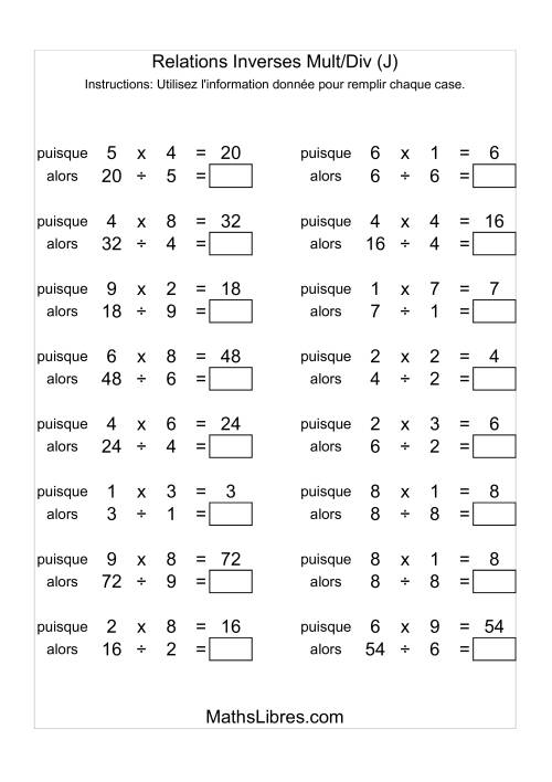 Relations Inverses -- Multiplication et Division -- Variation 1 à 9 (J)