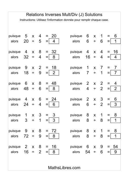 Relations Inverses -- Multiplication et Division -- Variation 1 à 9 (J) page 2