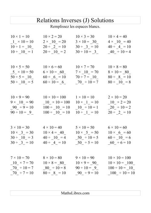 Relations Inverses -- Multiplication et Division -- Un Chiffre Vedette par Page (Jusqu'à 10) -- 10 (J) page 2