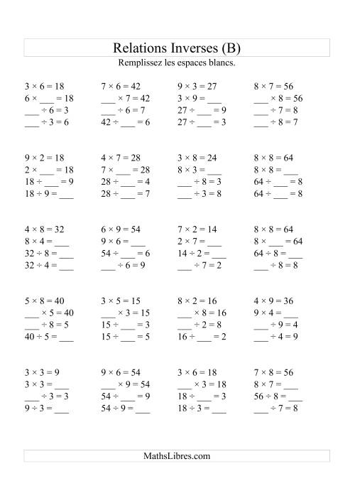 Relations Inverses -- Multiplication et Division (Toutes Opérations Inverses) -- Variation 2 à 9 (B)