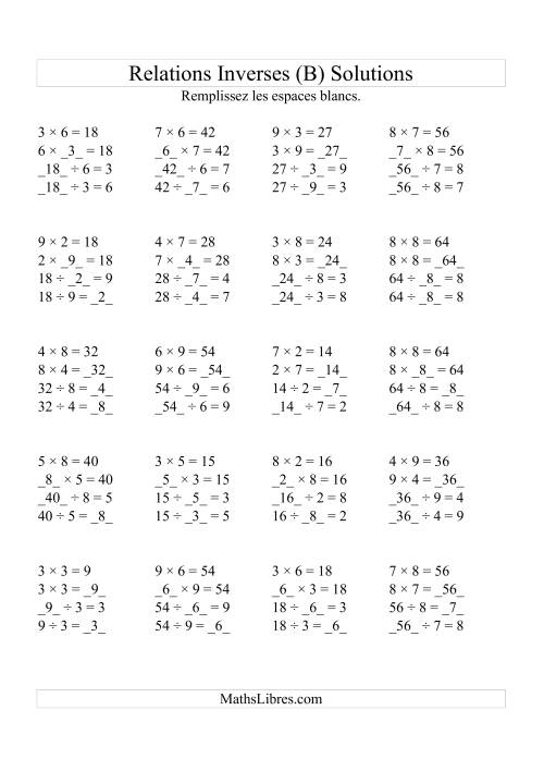 Relations Inverses -- Multiplication et Division (Toutes Opérations Inverses) -- Variation 2 à 9 (B) page 2