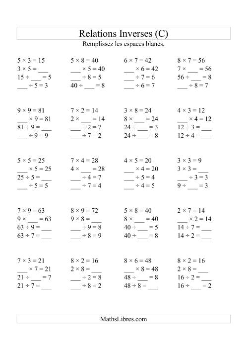 Relations Inverses -- Multiplication et Division (Toutes Opérations Inverses) -- Variation 2 à 9 (C)