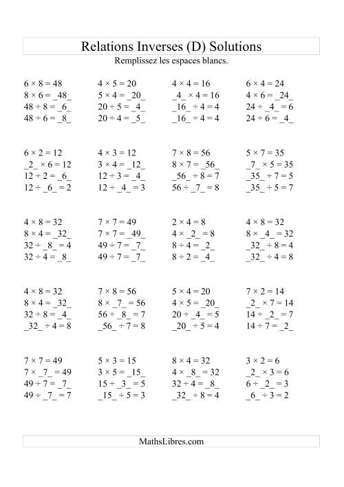 Relations Inverses -- Multiplication et Division (Toutes Opérations Inverses) -- Variation 2 à 9 (D) page 2
