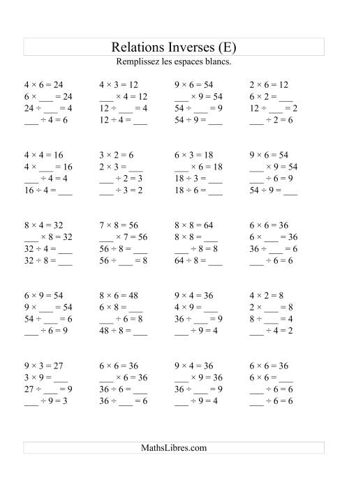 Relations Inverses -- Multiplication et Division (Toutes Opérations Inverses) -- Variation 2 à 9 (E)