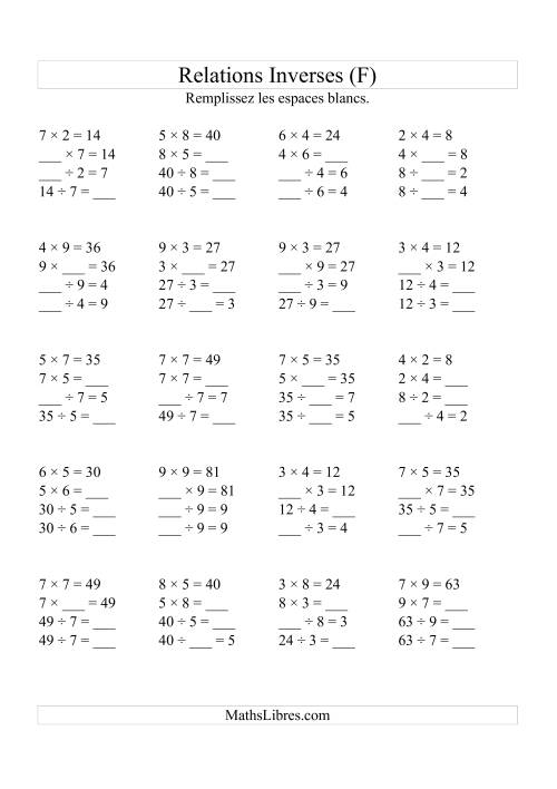Relations Inverses -- Multiplication et Division (Toutes Opérations Inverses) -- Variation 2 à 9 (F)