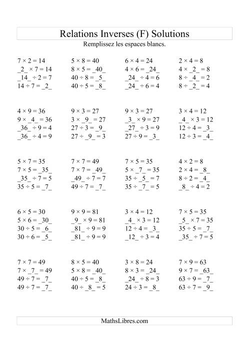 Relations Inverses -- Multiplication et Division (Toutes Opérations Inverses) -- Variation 2 à 9 (F) page 2