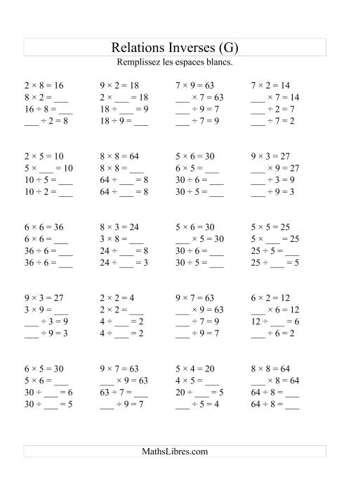 Relations Inverses -- Multiplication et Division (Toutes Opérations Inverses) -- Variation 2 à 9 (G)