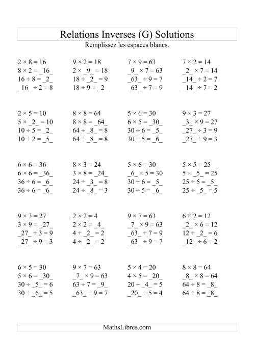 Relations Inverses -- Multiplication et Division (Toutes Opérations Inverses) -- Variation 2 à 9 (G) page 2