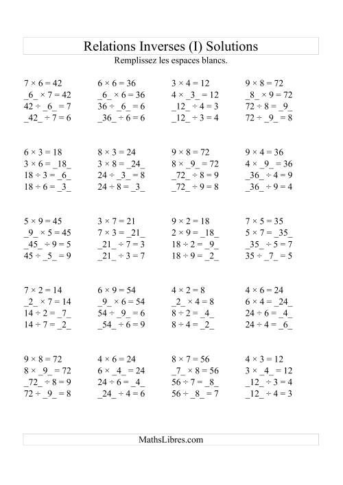 Relations Inverses -- Multiplication et Division (Toutes Opérations Inverses) -- Variation 2 à 9 (I) page 2