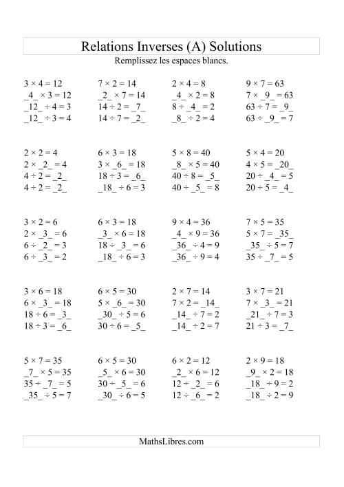Relations Inverses -- Multiplication et Division (Toutes Opérations Inverses) -- Variation 2 à 9 (Tout) page 2