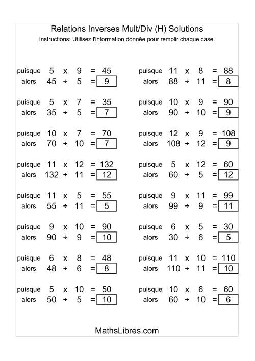 Relations Inverses -- Multiplication et Division -- Variation 5 à 12 (H) page 2