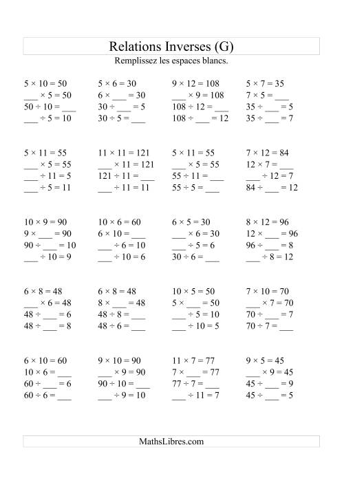 Relations Inverses -- Multiplication et Division (Toutes Opérations Inverses) -- Variation 5 à 12 (G)
