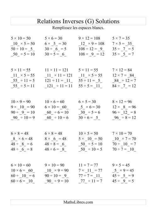 Relations Inverses -- Multiplication et Division (Toutes Opérations Inverses) -- Variation 5 à 12 (G) page 2