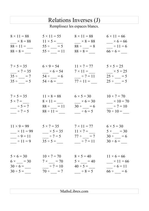 Relations Inverses -- Multiplication et Division (Toutes Opérations Inverses) -- Variation 5 à 12 (J)