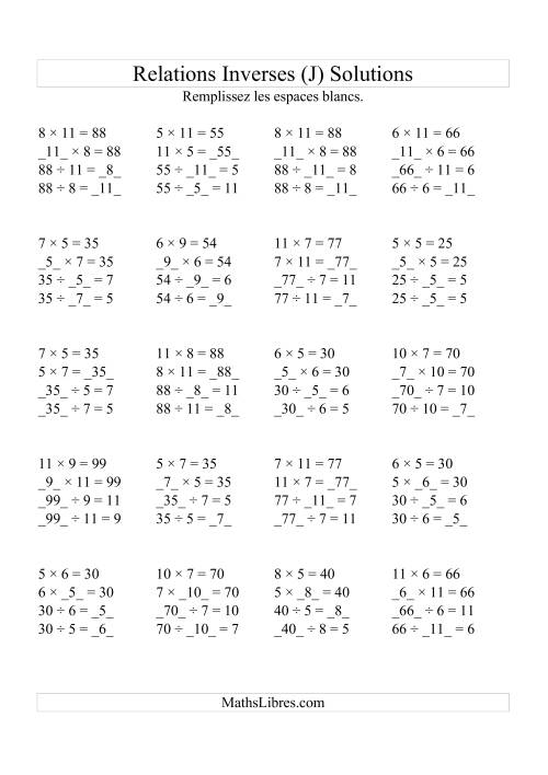 Relations Inverses -- Multiplication et Division (Toutes Opérations Inverses) -- Variation 5 à 12 (J) page 2