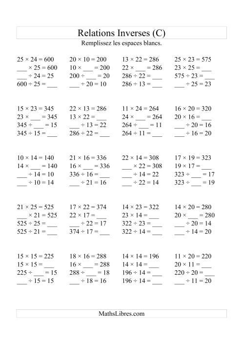 Relations Inverses -- Multiplication et Division (Toutes Opérations Inverses) -- Variation 10 à 25 (C)