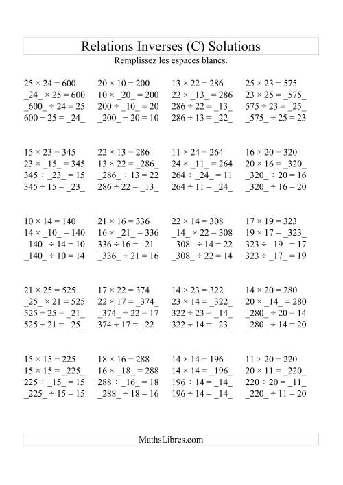 Relations Inverses -- Multiplication et Division (Toutes Opérations Inverses) -- Variation 10 à 25 (C) page 2