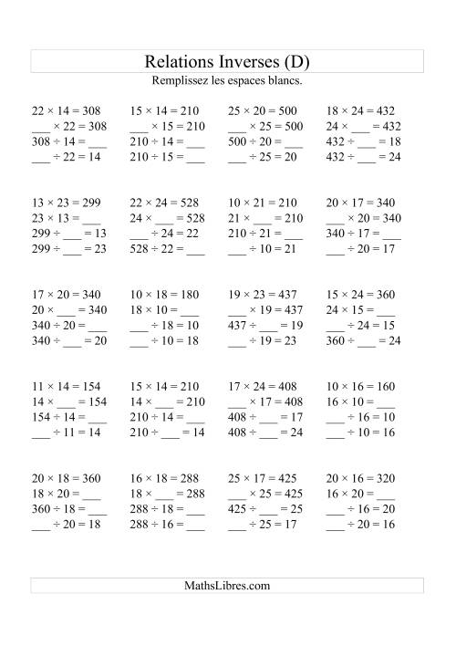 Relations Inverses -- Multiplication et Division (Toutes Opérations Inverses) -- Variation 10 à 25 (D)