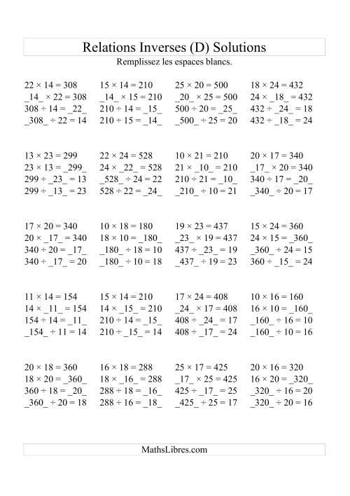 Relations Inverses -- Multiplication et Division (Toutes Opérations Inverses) -- Variation 10 à 25 (D) page 2