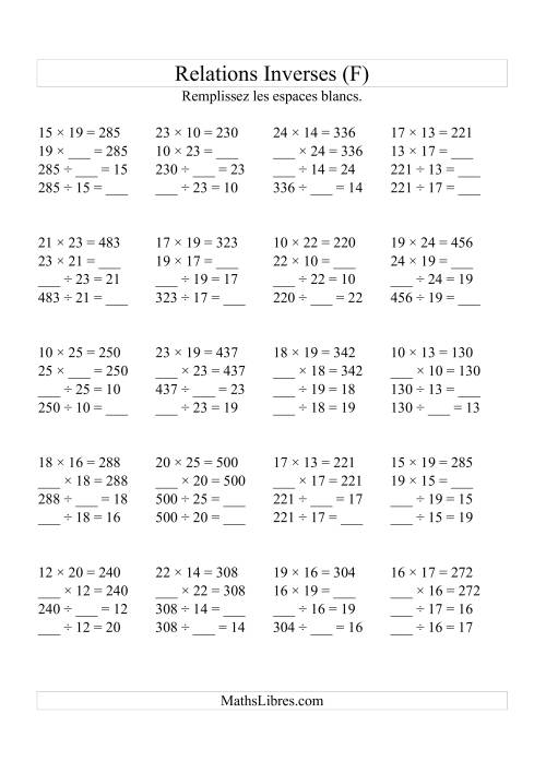 Relations Inverses -- Multiplication et Division (Toutes Opérations Inverses) -- Variation 10 à 25 (F)